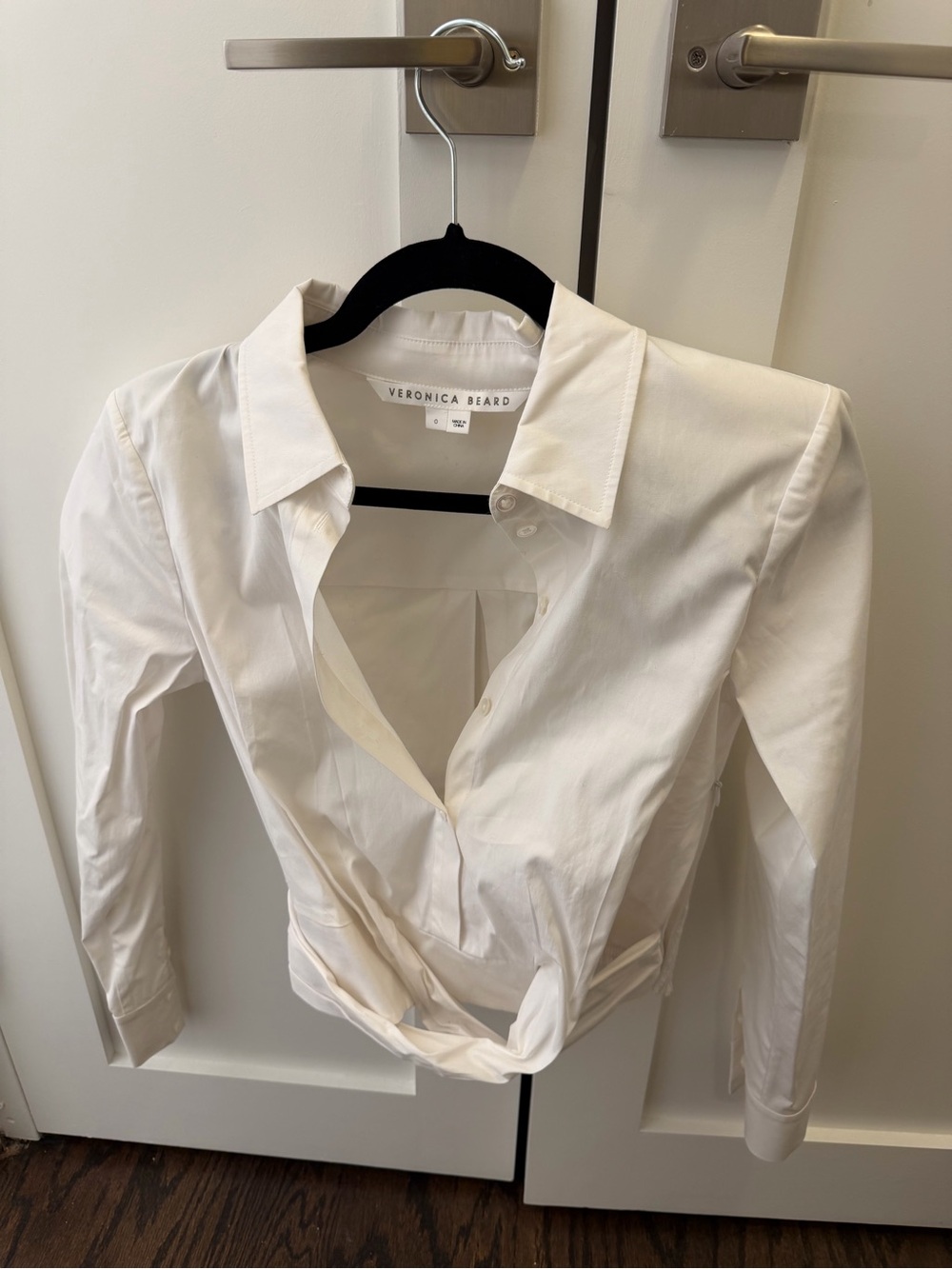 Veronica Beard White Twist-Front Button Shirt with shoulder pads